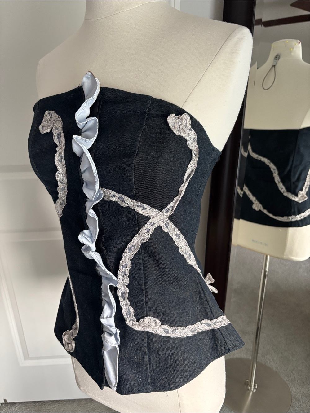 Black Jean Strapless Corset Top with Silver Lace Trim